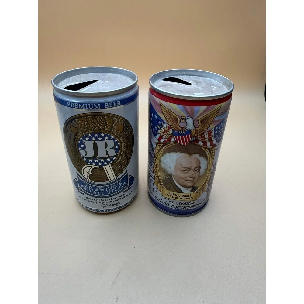 Vtg JR‎ Erwing Private Stock John Adams Lot 2 Beer Cans Kitsch Decor Breweriana